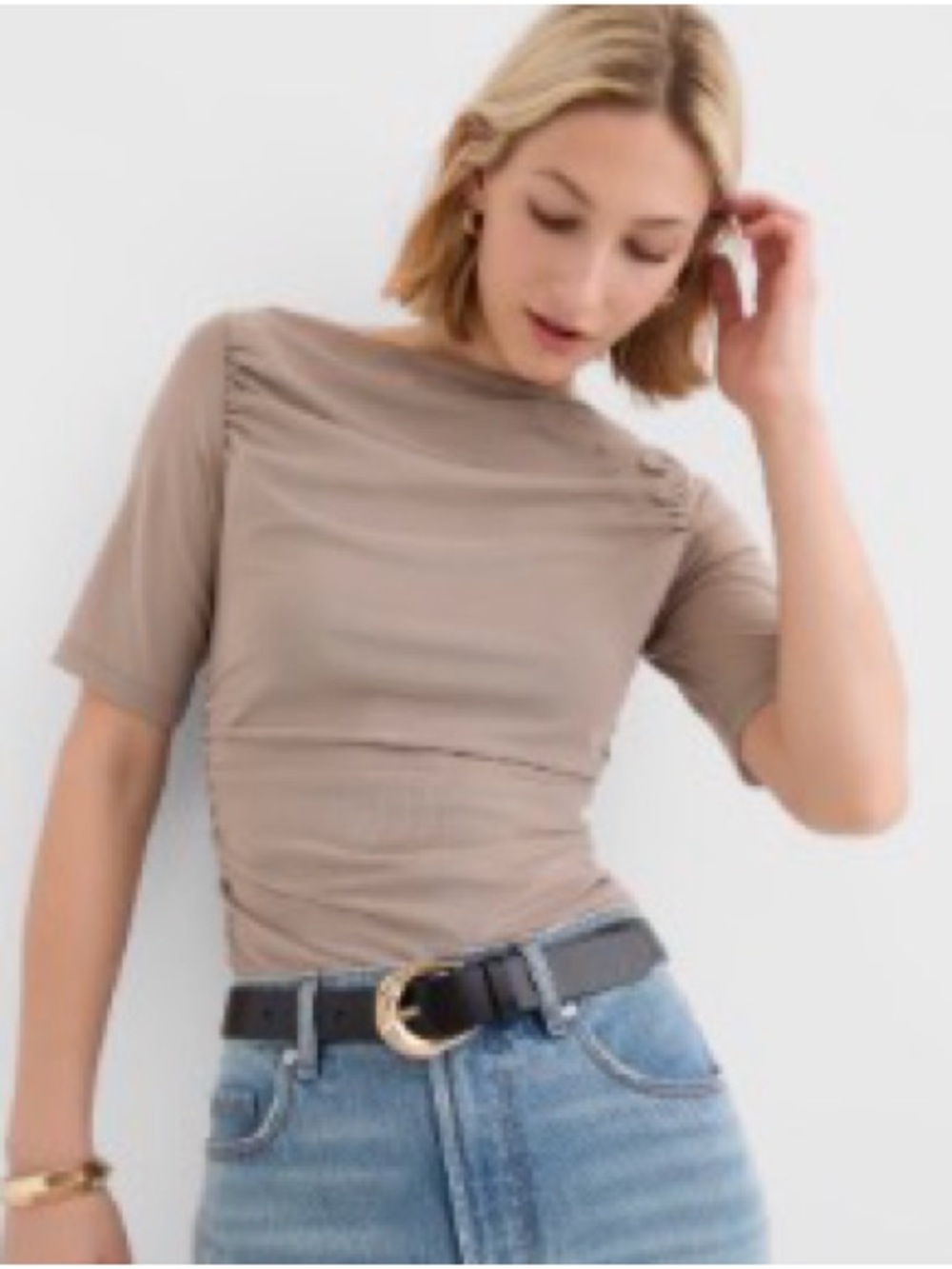LOFT Taupe Short Sleeve Ruched Side Top
